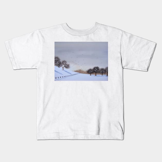 Rural landscape snow scene at christmas Kids T-Shirt by pollywolly